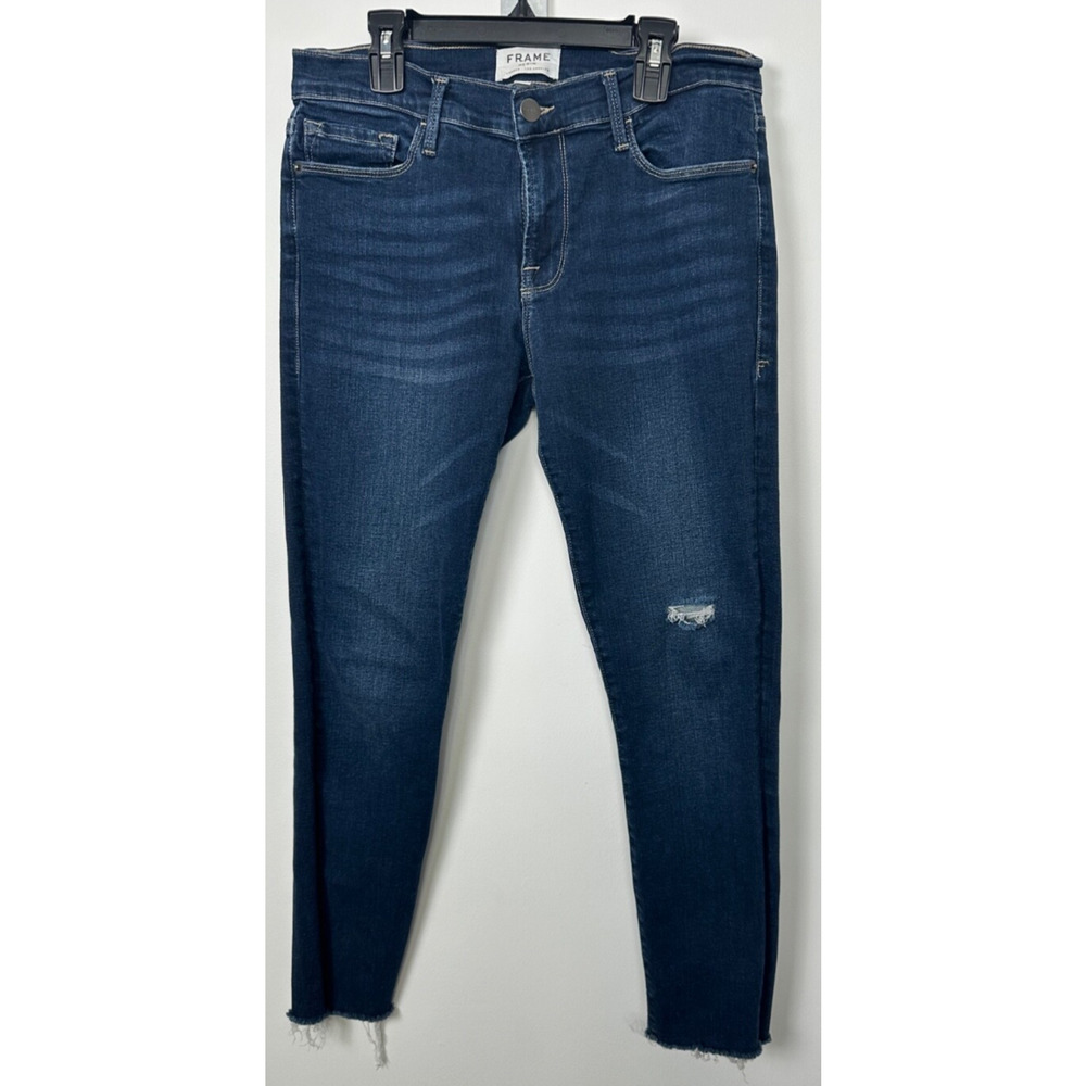 Frame Le Skinny De Jeanne Crop Jeans Women 28 Blue Denim Stretch Distressed B16